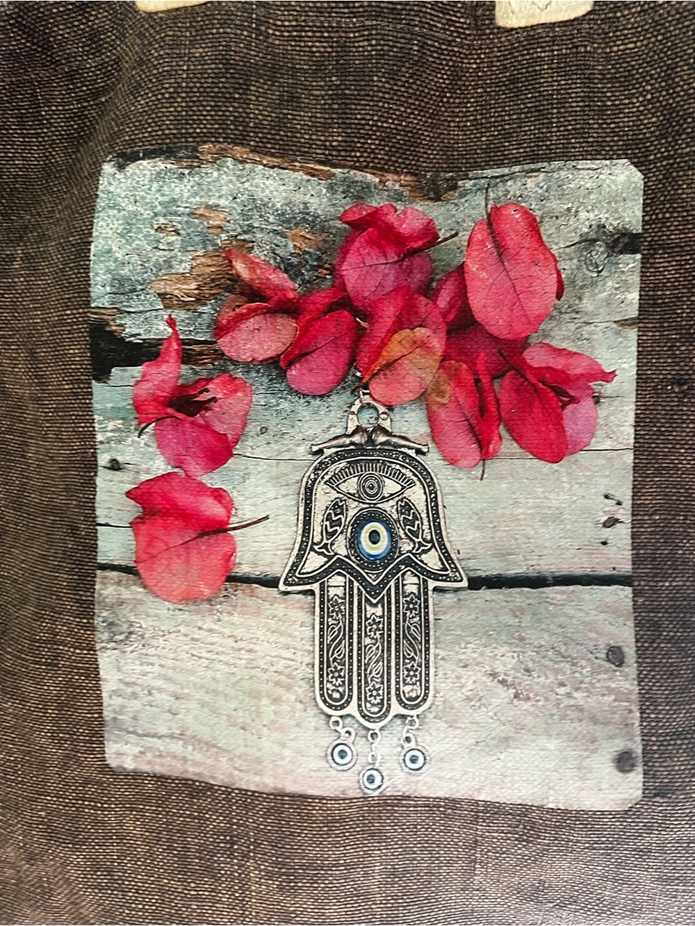 Alternative Branded hamsa with flowers on Taupe-Gray Canvas tote bag